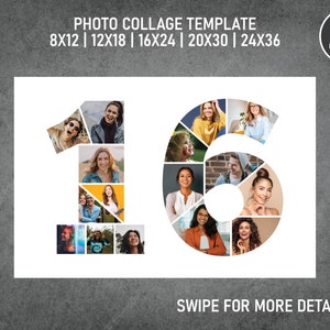 Collage di foto con numeri per il 16° compleanno / Collage di foto / Modello collage di immagini PDF / 8x12, 12x18, 16x24, 20x30, 24x36 pollici / Canva