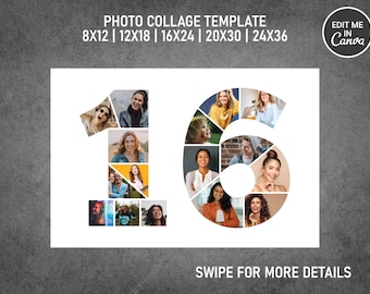 16th Birthday Number Photo Collage / Pic Collage / Image Collage Template PDF | 8x12, 12x18, 16x24, 20x30, 24x36 Inch | Canva