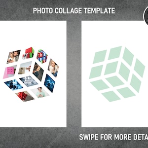 Può includere: Un modello di collage fotografico con un design a cubo di Rubik. Il lato sinistro presenta una forma a cubo con varie foto all'interno. Il lato destro mostra un contorno di cubo di Rubik verde chiaro. Il testo include "PHOTO COLLAGE TEMPLATE" e "SWIPE FOR MORE DETAILS".