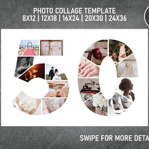 50th Birthday Number Photo Collage PDF / Pic Collage / Image Collage Template | 8x12, 12x18, 16x24, 20x30, 24x36 Inch | Canva