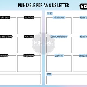 May include: Printable PDF template for organizing medical information. The template includes sections for disease, pathophysiology, risk factors, clinical manifestations, medications, diagnostics, interventions, and notes. The template is available in six colors.