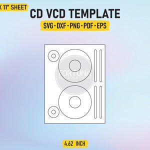 Könnte beinhalten: Eine weiße CD-VCD-Vorlage mit schwarzen Umrissen, die kreisförmige Designs und vertikale Linien aufweist. Die Vorlage befindet sich auf einem 8,5 x 11 Zoll großen Blatt und ist 11,73 cm breit. Der Text enthält "CD VCD TEMPLATE" und Dateitypoptionen.