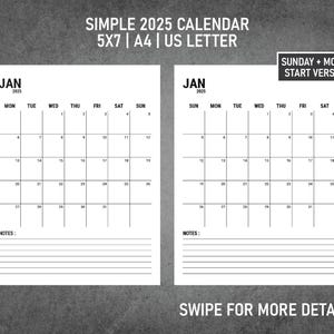 Simple Minimalist 2025 Printable Calendar PDF | A4 | US Letter | 5x7 - Sunday Monday