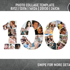 100th Birthday Number Photo Collage PDF / Pic Collage / Image Collage Template | 8x12, 12x18, 16x24, 20x30, 24x36 Inch | Canva