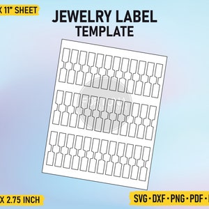 May include: Printable jewelry label template for 8.5 x 11 inch sheet. The template includes 48 labels, each measuring 0.5 x 2.75 inches.