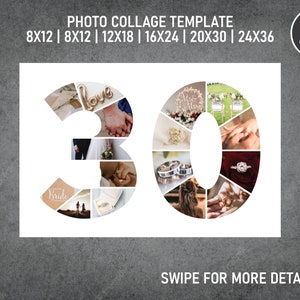 30th Birthday Number Photo Collage PDF / Pic Collage / Image Collage Template | 8x12, 12x18, 16x24, 20x30, 24x36 Inch | Canva