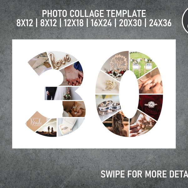 30th Birthday Number Photo Collage PDF / Pic Collage / Image Collage Template | 8x12, 12x18, 16x24, 20x30, 24x36 Inch | Canva