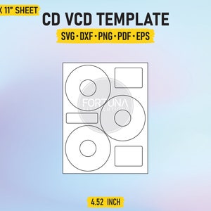 Könnte beinhalten: Eine schwarz-weiße Vorlage zum Erstellen von CD- oder VCD-Etiketten. Die Vorlage enthält vier Kreise für die Disc-Etiketten und zwei rechteckige Bereiche für Text. Die Vorlage ist für ein Blatt Papier im Format 8,5 x 11 Zoll ausgelegt und hat einen Durchmesser von 4,52 Zoll.