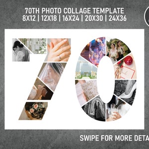 70th Birthday Number Photo Collage PDF / Pic Collage / Image Collage Template | 8x12, 12x18, 16x24, 20x30, 24x36 Inch | Canva