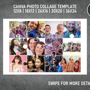 May include: A photo collage template with 12 different photo slots arranged in a puzzle shape. The template is designed for use with Canva and includes the text "EDIT ME IN Canva".