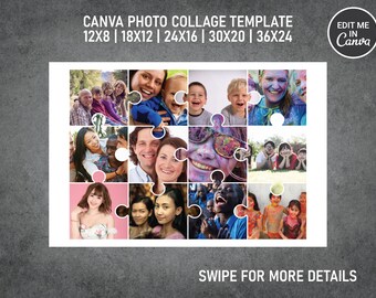長方形のジグソーパズル写真コラージュテンプレート Canva PDF | メモリアルコラージュ 8x12、12x18、16x24、20x30、24 x 36 インチ
