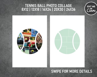 Op de afbeelding: Een printbare sjabloon voor een fotocollage in de vorm van een tennisbal. De sjabloon heeft 12 fotoplekken. De sjabloon wordt getoond met voorbeeldfoto's van tennissers en tennisballen.