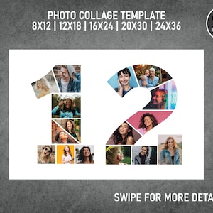12th Birthday Number Photo Collage PDF / Pic Collage / Image Collage Template | 8x12, 12x18, 16x24, 20x30, 24x36 Inch | Canva