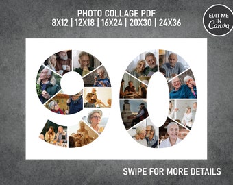 90th Birthday Photo Collage Template Canva PDF | Memorial Collage 8x12, 12x18, 16x24, 20x30, 24x36 Inch