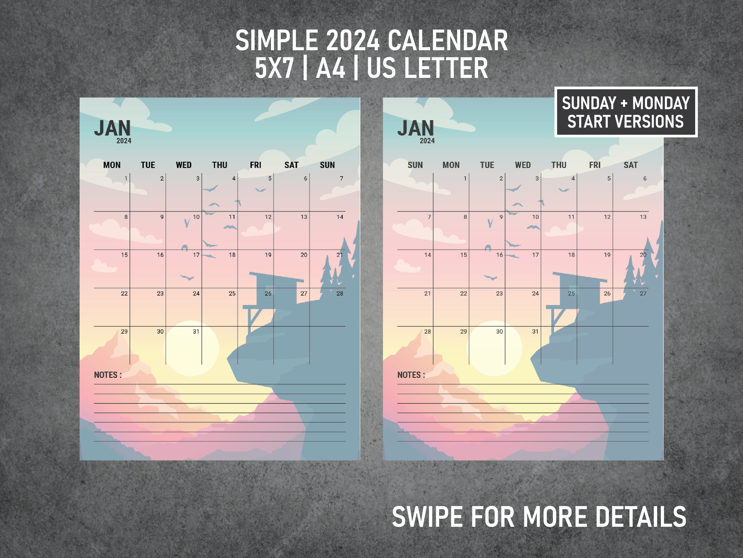 Printable Mountain Scenery 2024 Calendar PDF | A4 | US Letter | 5x7 - Sunday Monday Start