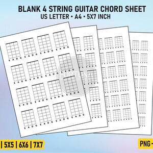 Blanco afdrukbaar diagram Basgitaar akkoordkaarten 4-snarige PDF PNG | A4 US Letter 5x7