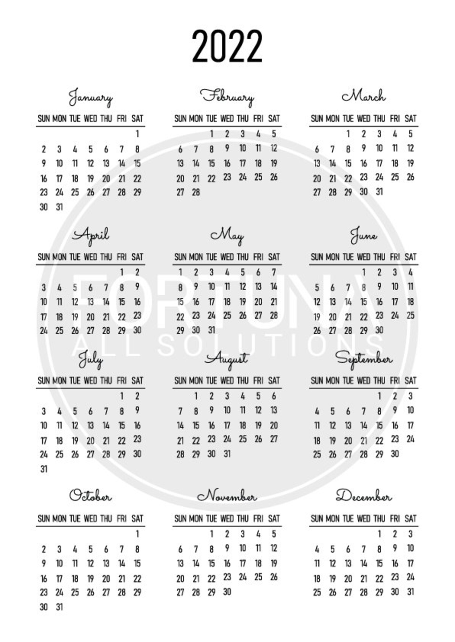 2022 Simple Monthly Calendar One Page PDF Printable US Letter Etsy