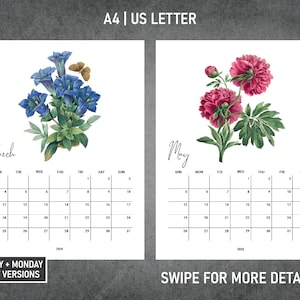 Calendario Retro Vintage Flor Floral Botánico 2024 Imprimible PDF / A4 / Carta EE.UU. - Domingo Lunes Inicio