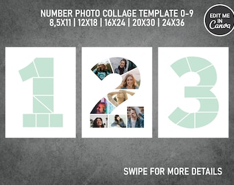 Birthday Number Photo Collage / Pic Collage / Image Collage Template 8.5x11, 12x18, 16x24, 20x30, 24x36 Inch | Canva