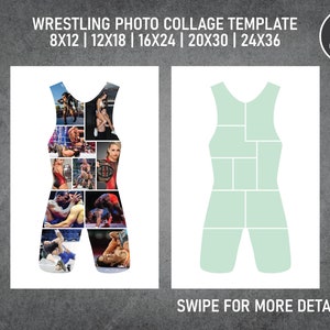 May include: A wrestling photo collage template shaped like a singlet, featuring action shots of wrestlers. The template is available in multiple sizes, with the text "WRESTLING PHOTO COLLAGE TEMPLATE" at the top. The design includes the option to edit in Canva.