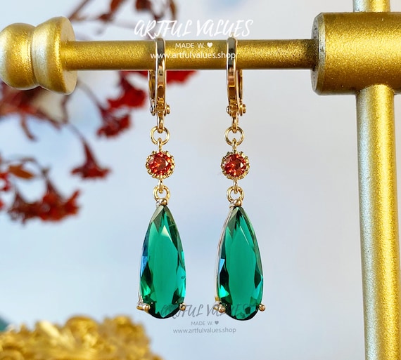 Green Gold Earrings Hoop Hypoallergenic, Emerald Birthstone Earrings, Family Protection Earrings, Dangle Earrings, Mother&#39;s Gift For Her