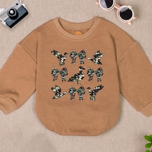 Duck Hunt Camo Coquette Bow Romper Sweatshirt,Bodysuit,Newborn Outfit,Camouflage Bow Baby Clothes, Baby Shower Gift, Wildlife Baby Outfit