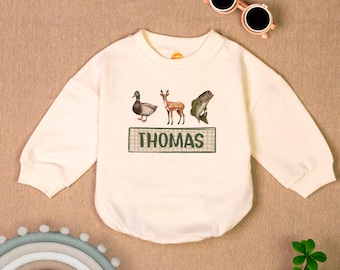 Personalized Name Mallard Duck Hunting Romper Sweater, Boy Ducking Hunter Baby Romper, Ducks Deer Fishing, hunting buddy, Newborn Bodysuit