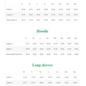 May include: Size chart for sweatshirts, hoodies, and long-sleeved shirts in inches. The chart shows the width, length, and sleeve length for each size, from XS to 5XL.