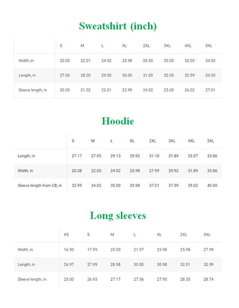 May include: Size chart for sweatshirts, hoodies, and long-sleeved shirts in inches. The chart shows the width, length, and sleeve length for each size, from XS to 5XL.