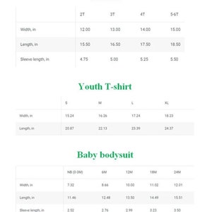 May include: Size chart for toddler, youth t-shirt, and baby bodysuit clothing. The chart shows measurements in inches for width, length, and sleeve length.