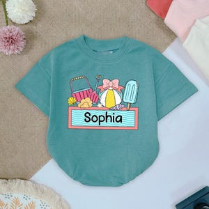 Summer Beach Girl Name Plate Bubble Romper, Summer Baby Girl Outfits, Summer Vacation Bodysuit, Baby girl outfits, baby shower gift