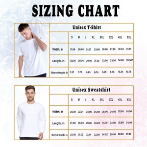 May include: Unisex sizing chart for t-shirts and sweatshirts. The chart shows measurements in inches for width, length, and sleeve length for sizes S through 5XL.