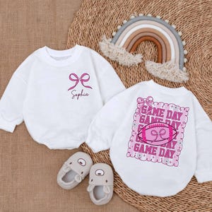 Pink Preppy Game Day Coquette Romper, Football Baby Girl Bodysuit, Custom Name Baby Outfit, Fall Toddler Sports, Pink Bow Outfit