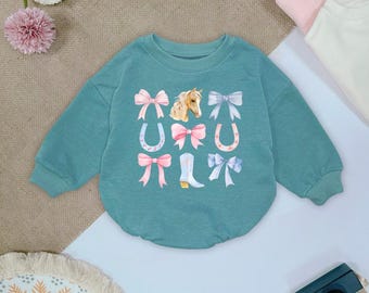 Coquette Cowgirl Baby Romper: Horse Pink Blue Bow Graphic