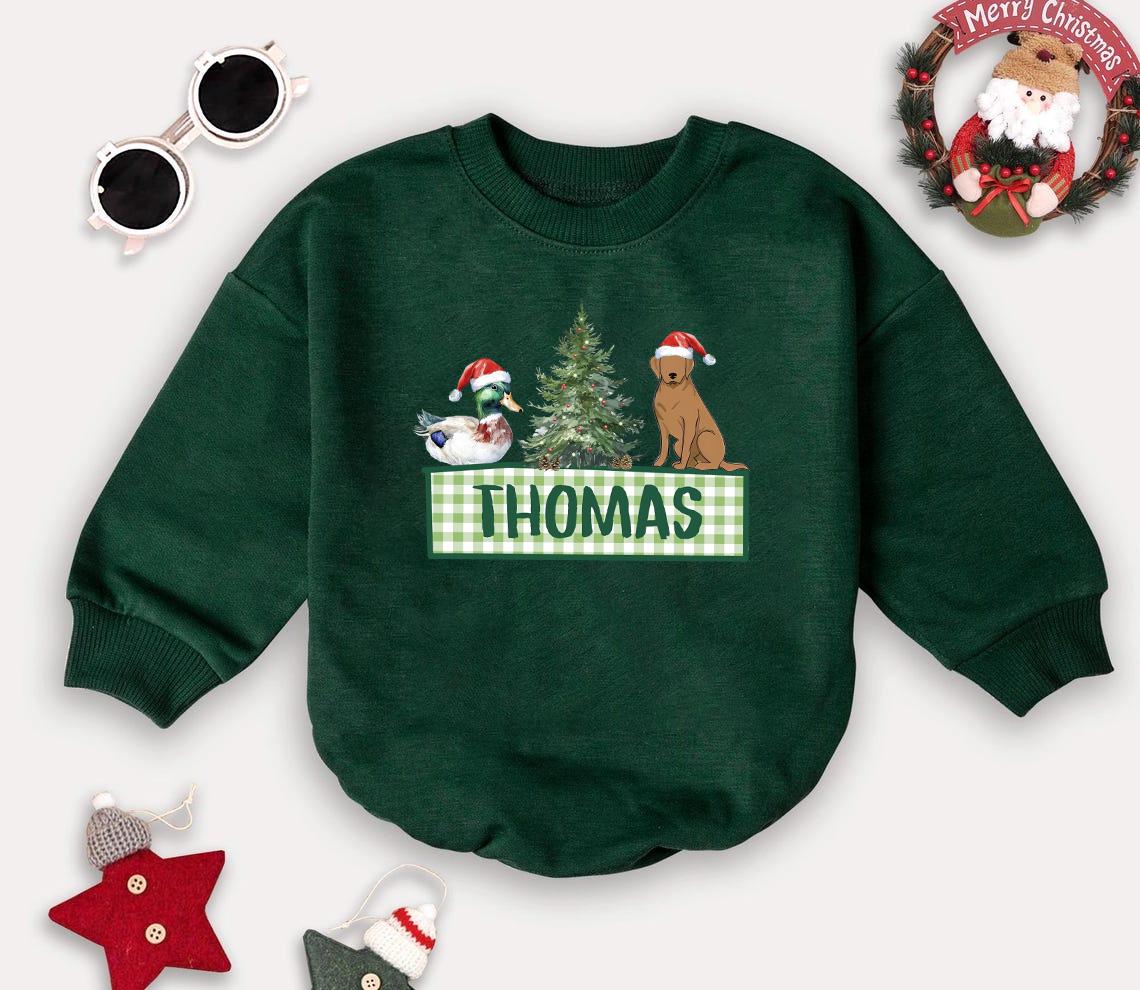 Personalized Christmas Mallard Duck Romper Sweatshirt, Boys Hunting Christmas Bodysuit, Baby Boy Christmas Outfit, 1st Christmas Outfits