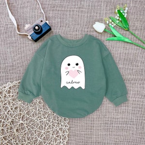 Custom Name Cute Boo Baby Romper, Little Boo Romper, Halloween Ghost Romper Sweatshirt, Fall Baby Outfit, Halloween Baby Shower Gift Romper