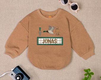 Personalized Mallard Duck Hunting Bubble Romper Sweater, Boy Ducking Hunter Baby Romper, Newborn Bodysuit, Duck Lover Gift Baby