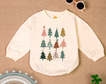 May include: A white long-sleeved baby onesie with a festive design of multiple colorful Christmas trees.