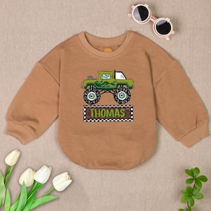 Custom Name Monster Truck Baby Romper Sweatshirt, Boy Monster Truck Baby Bodysuit, Gift for birthday , newborn boy clothes, Custom Name