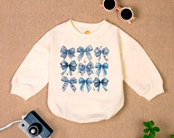 Blue Bow Chinoiserie Baby Romper Sweatshirt: Coquette Toile Outfit