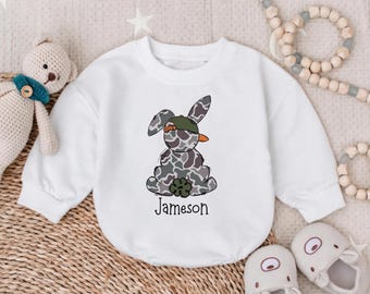Personalized Camo Bunny Easter Baby Romper: Egg Hunter Bodysuit