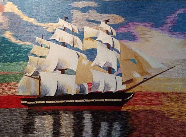 Tableau d'art Broderie Main Peinture à L'aiguille Bateau Voilier 3 Mats
