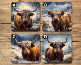 Posavasos cuadrado con diseño de vaca de las Tierras Altas: escena invernal, base de corcho, acabado brillante.