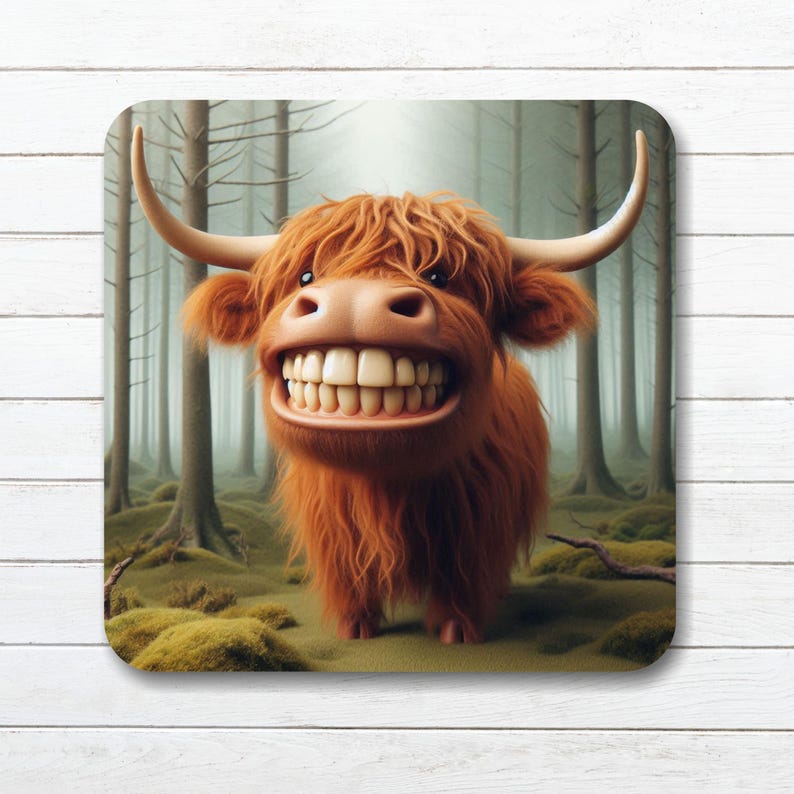 Smiling Highland Cow Coaster: Cork Backed, Gloss Finish B