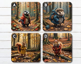 Woodland Animals Coasters, Wearing Coats, Cork Backed (9cm)