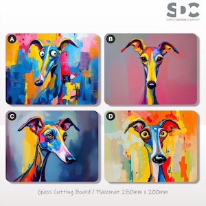 May include: Four rectangular glass cutting boards or placemats, each measuring 280mm by 200mm, featuring colourful, stylised illustrations of a greyhound dog. Designs A, B, C, and D display unique abstract backgrounds and vibrant colour palettes.