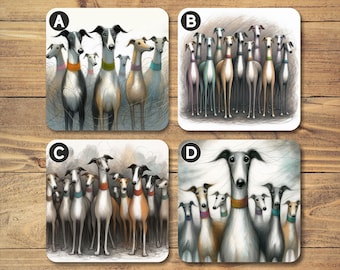 Greyhound Lurcher Group Coaster, Cork Backed, Gloss Finish