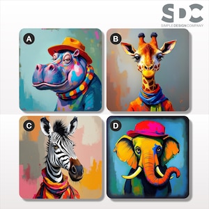 May include: Four square art prints showcasing animal portraits. A hippo in an orange hat, a giraffe, a zebra, and an elephant in a pink hat. Each animal is wearing a scarf and colourful clothing. The Simple Design Company logo is in the upper right corner.