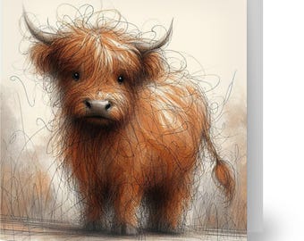 10er Pack Highland Kuh Grußkarten | Charmantes wunderliches Design | Quadratische Karten