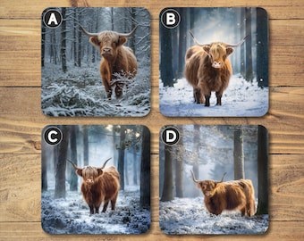 Posavasos de vaca de las Tierras Altas de Invierno, con base de corcho y MDF brillante
